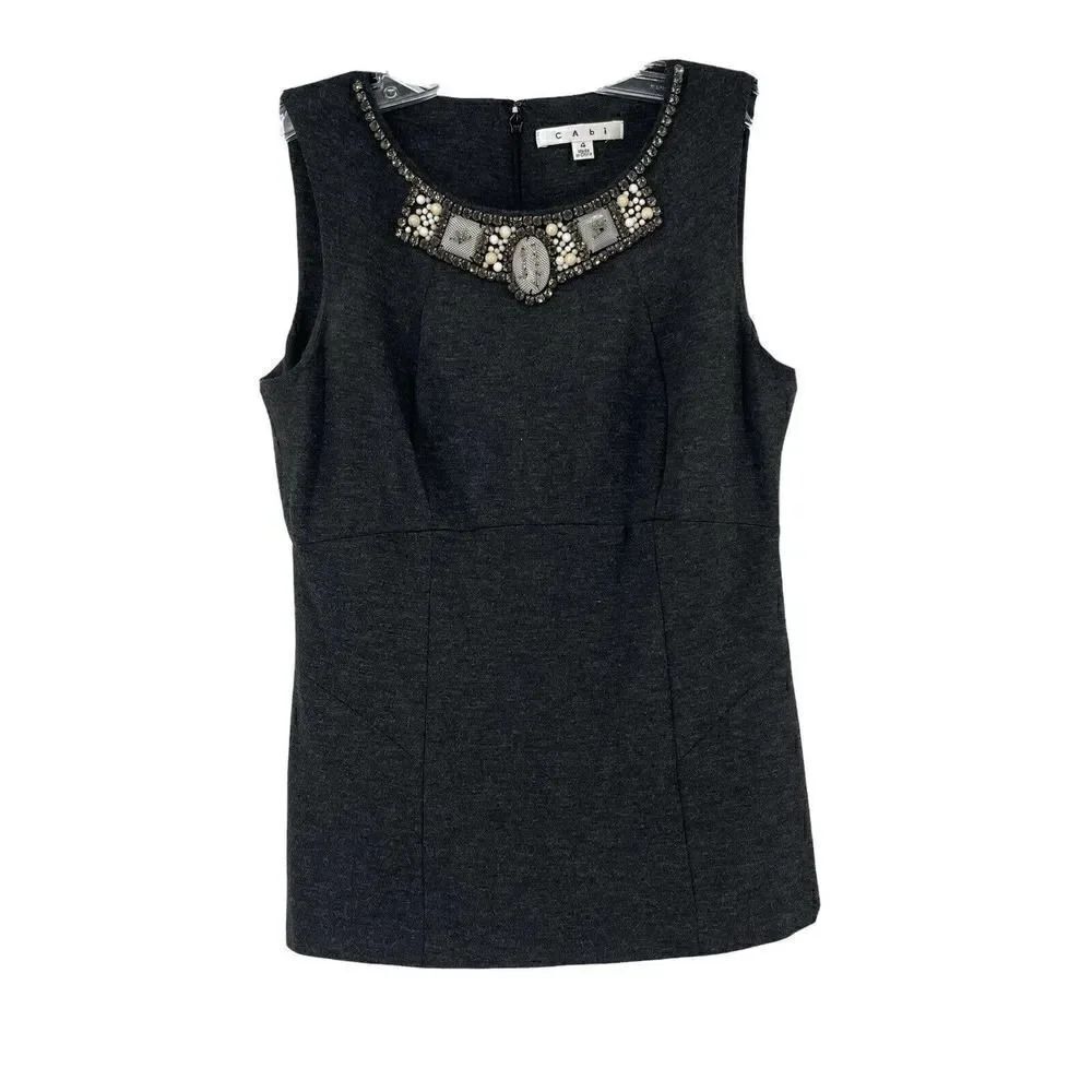 CAbi The Glitz Shell Tank Top Size 4 Charcoal Gray 508 Beaded Sleeveless Blouse